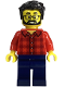 Minifig No: bdp149  Name: Camper - Male, Red Plaid Flannel Shirt, Dark Blue Legs, Black Hair, Glasses, Beard