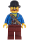 Minifig No: bdp192  Name: Wild West Train Bandit - Male, Blue Jacket, Dark Red Legs, Black Bowler Hat
