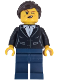 Minifig No: bdp193  Name: Wild West Train Bandit - Female, Black Jacket over White Shirt, Dark Blue Legs, Dark Brown Ponytail