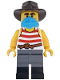 Minifig No: bdp194  Name: Wild West Train Bandit - Male, White Tank Top with Red Stripes, Dark Bluish Gray Legs with Black Boots, Dark Azure Bandana, Dark Brown Fedora
