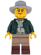 Minifig No: bdp200  Name: Wild West Train Cowboy - Female, Dark Green Jacket, Dark Tan Legs with Reddish Brown Boots, Light Bluish Gray Fedora