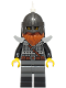 Minifig No: bdp210  Name: Knight - Male, Dark Bluish Gray and Silver Armor, Black Boots, Pearl Dark Gray Helmet, White Feather, Dark Orange Beard, Light Bluish Gray Shoulder Pads
