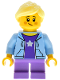 Minifig No: bdp226  Name: Antique Shop - Female Child, Bright Light Blue Hoodie over Dark Purple Shirt, Medium Lavender Short Legs, Bright Light Yellow Ponytail
