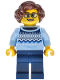 Minifig No: bdp228  Name: Antique Shop - Female, Bright Light Blue Knit Fair Isle Sweater, Dark Blue Legs, Reddish Brown Wavy Hair