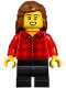 Minifig No: bdp229  Name: Vampire Castle Visitor - Female, Red Plaid Flannel Shirt, Black Medium Legs, Reddish Brown Hair