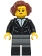 Minifig No: bdp234  Name: Vampire Castle Visitor - Female, Black Suit Jacket with White Button Up Shirt, Dark Bluish Gray Legs with Black Boots, Reddish Brown Hair