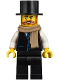 Minifig No: bdp238  Name: Vampire Castle Visitor - Male, Black Vest with Blue Striped Tie, Black Legs, Black Top Hat, Dark Tan Scarf