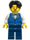 Minifig No: bdp241  Name: Vampire Castle Visitor - Male, Blue Vest with Metallic Light Blue Lapels, Dark Blue Legs, Black Hair