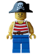 Minifig No: bdp263  Name: Pirate - Male, White Tank Top with Red Stripes, Blue Legs, Black Bicorne Hat with Skull and Crossbones