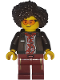Minifig No: bdp265  Name: Art Factory Bassist - Female, Dark Brown Jacket over Red Hawaiian Shirt, Dark Red Legs with Coral and Gold Vertical Stripes, Dark Brown Hair