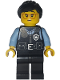Minifig No: bdp266  Name: Art Factory Security - Female, Black Safety Vest with Silver Star Badge Logo, Black Legs, Black Ponytail and Swept Sideways Fringe