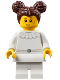Minifig No: bdp271  Name: Art Factory Ballerina Student - Girl, White Dress with Ruffled Collar, White Medium Legs, Dark Brown Hair with Two Buns on Top, White Skirt