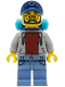 Minifig No: bdp309  Name: Camper - Male, Light Bluish Gray Hoodie with Dark Red Shirt, Sand Blue Legs with Pockets, Dark Blue Cap, Backpack