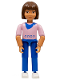 Minifig No: belvfemale34  Name: Belville Female - Blue Pants, Pink Shirt with Blue Scarf Pattern, Brown Hair