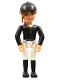 Minifig No: belvfemale78a  Name: Belville Female - Horse Rider, White Shorts, Black Shirt with Gold Buttons and Collar, Black Boots, Dark Orange Ponytail, Riding Hat