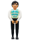 Minifig No: belvmale20  Name: Belville Male - Black Legs, White Arms, Light Lime / Turquoise / White Argyle Top, Black Hair