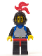 Minifig No: cas218  Name: Breastplate - Blue with Black Arms, Black Legs with Red Hips, Black Arms, Black Grille Helmet, Red Plume, Blue Plastic Cape