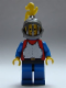 Minifig No: cas414  Name: Breastplate - Red with Blue Arms, Blue Legs with Black Hips, Dark Gray Grille Helmet, Yellow Plume, Blue Plastic Cape