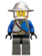 Minifig No: cas526  Name: Castle - King's Knight Blue and White with Chest Strap and Crown Belt, Helmet with Broad Brim, Open Grin