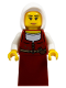 Minifig No: cas586  Name: Innkeeper - Female, Dark Red Dress, White Hood