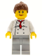 Minifig No: chef019  Name: Chef - White Torso with 8 Buttons, Light Bluish Gray Legs, Reddish Brown Ponytail Hair, Brown Eyebrows, Female