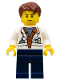 Minifig No: col309  Name: City Jungle Scientist - White Lab Coat with Test Tubes, Dark Blue Legs, Reddish Brown Parted Hair, Scowl