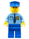 Minifig No: cop054  Name: Police - City Shirt with Dark Blue Tie and Gold Badge, Blue Legs, Blue Police Hat, Scowl