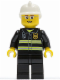 Minifig No: cty0056  Name: Fire - Reflective Stripes, Black Legs, White Fire Helmet, Glasses, Open Mouth Smile