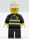 Minifig No: cty0090  Name: Fire - Reflective Stripes, Black Legs, White Fire Helmet, Thin Grin, Yellow Hands (Undetermined Eyebrows)