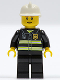 Minifig No: cty0090b  Name: Fire - Reflective Stripes, Black Legs, White Fire Helmet, Reddish Brown Eyebrows, Thin Grin, Yellow Hands