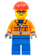 Minifig No: cty0110  Name: Construction Worker - Orange Zipper, Safety Stripes, Orange Arms, Blue Legs, Red Construction Helmet, Brown Eyebrows, Glasses