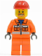 Minifig No: cty0111  Name: Construction Worker - Orange Zipper, Safety Stripes, Orange Arms, Orange Legs, Red Construction Helmet, Beard around Mouth