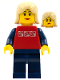 Minifig No: cty0119  Name: Red Shirt with 3 Silver Logos, Dark Blue Arms, Dark Blue Legs, Tan Female Hair