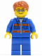 Minifig No: cty0140  Name: Blue Jacket with Pockets and Orange Stripes, Blue Legs, Dark Orange Short Tousled Hair, Brown Eyebrows, Glasses