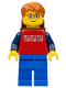 Minifig No: cty0180a  Name: Red Shirt with 3 Silver Logos, Dark Blue Arms, Blue Legs, Dark Orange Short Tousled Hair, Red Eyebrows, Backpack