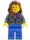 Minifig No: cty0185  Name: Dark Bluish Gray Jacket with Magenta Scarf, Blue Legs, Reddish Brown Female Hair over Shoulder