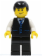 Minifig No: cty0186  Name: Black Vest with Blue Striped Tie, Black Legs, White Arms, Black Male Hair (Bus Driver)