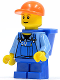 Minifig No: cty0214b  Name: Overalls with Tools in Pocket Blue, Orange Short Bill Cap, Blue Short Legs, D-Basket, Reddish Brown Eyebrows