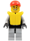 Minifig No: cty0236  Name: Lifeguard - Leather Jacket with Zipper, Red Lines and Logo Pattern, Life Jacket, Red Short Bill Cap