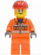 Minifig No: cty0246  Name: Construction Worker - Orange Zipper, Safety Stripes, Orange Arms, Orange Legs, Red Construction Helmet, Glasses with Gray Side Frames (Crane Operator)