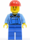 Minifig No: cty0291  Name: Overalls with Tools in Pocket Blue, Red Construction Helmet, Black Eyebrows, Thin Grin