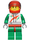 Minifig No: cty0389  Name: Race Car Driver, White Race Suit with Octan Logo, Red Helmet with Trans-Black Visor, Crooked Smile with Black Dimple