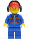 Minifig No: cty0420  Name: Blue Jacket with Pockets and Orange Stripes, Blue Legs, Red Cap with Hole, Headphones