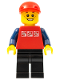 Minifig No: cty0447  Name: Red Shirt with 3 Silver Logos, Dark Blue Arms, Black Legs, Red Short Bill Cap, Freckles