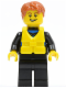 Minifig No: cty0469  Name: Wetsuit with Blue Sign, Black Legs, Dark Orange Short Tousled Hair, Life Jacket Center Buckle, Open Grin