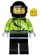 Minifig No: cty0475  Name: Monster Truck Driver, Race Suit with Black and White Swirls, Black Helmet with Trans-Black Visor, Crooked Smile