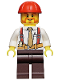 Minifig No: cty0529  Name: Construction Foreman - Shirt with Tie and Suspenders, Dark Brown Legs, Red Construction Helmet