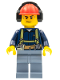 Minifig No: cty0541  Name: Construction Worker - Male, Shirt with Harness and Wrench, Sand Blue Legs, Red Construction Helmet with Black Ear Protectors / Headphones, Sweat Drops