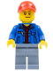 Minifig No: cty0546  Name: Blue Jacket over Dark Red V-Neck Sweater, Sand Blue Legs, Red Cap with Hole, Smirk and Stubble Beard