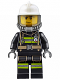 Minifig No: cty0637  Name: Fire - Reflective Stripes with Utility Belt, White Fire Helmet, Breathing Neck Gear with Air Tanks, Trans-Brown Visor, Sweat Drops